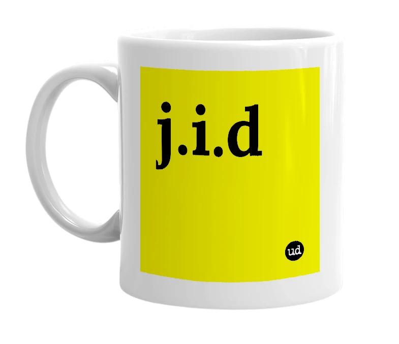 White mug with 'j.i.d' in bold black letters