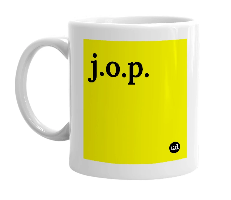 White mug with 'j.o.p.' in bold black letters