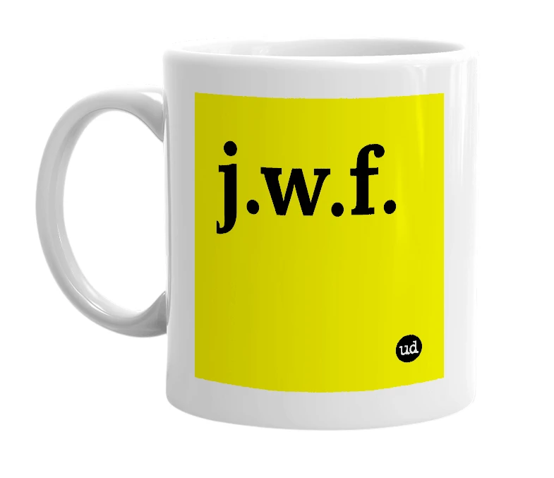 White mug with 'j.w.f.' in bold black letters