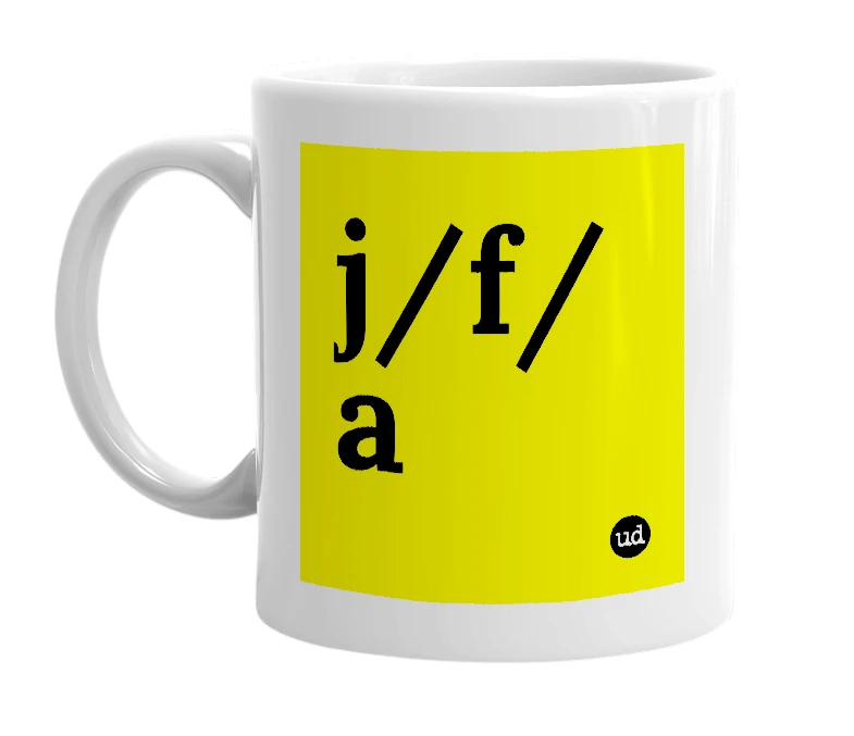 White mug with 'j/f/a' in bold black letters