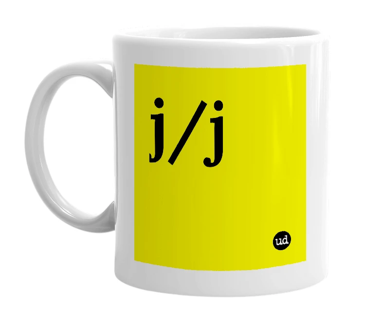 White mug with 'j/j' in bold black letters