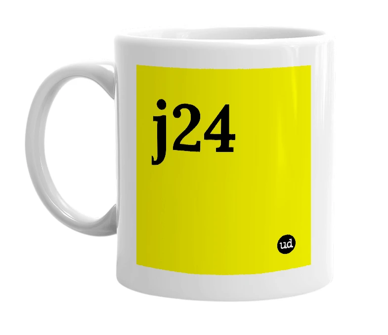 White mug with 'j24' in bold black letters