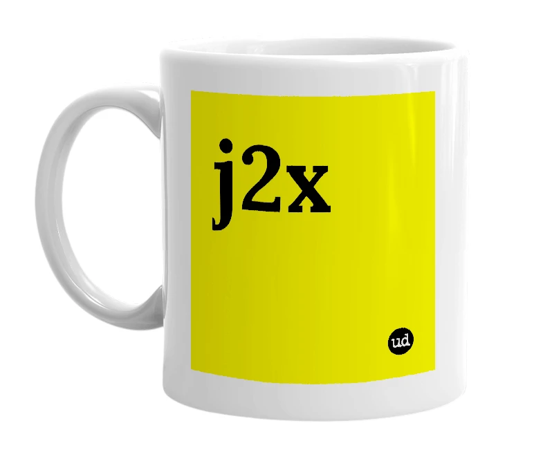 White mug with 'j2x' in bold black letters