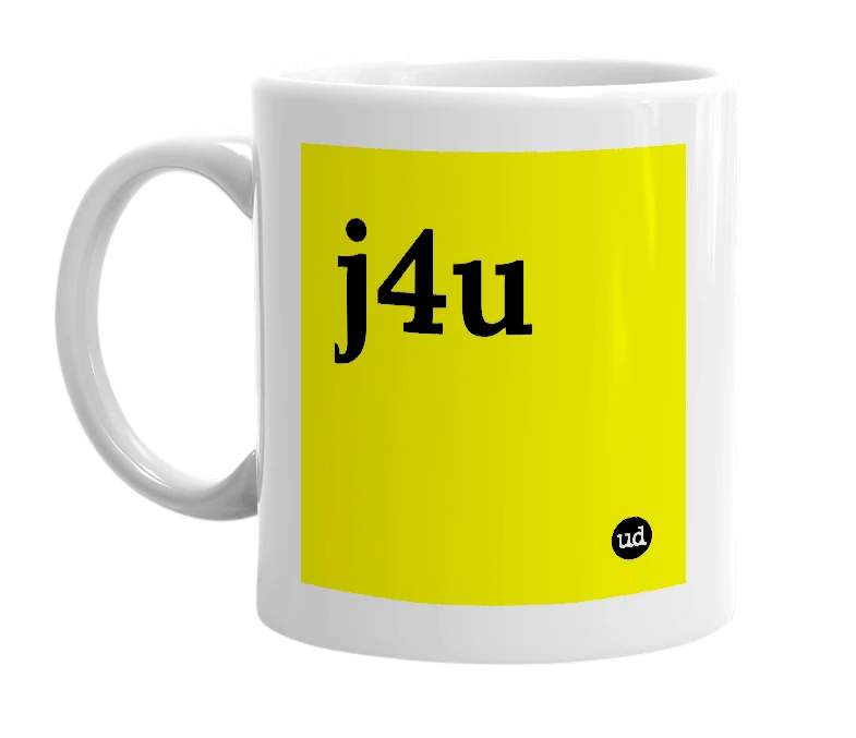 White mug with 'j4u' in bold black letters