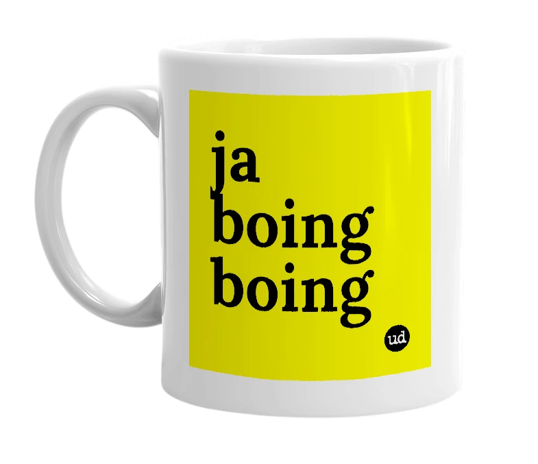 White mug with 'ja boing boing' in bold black letters