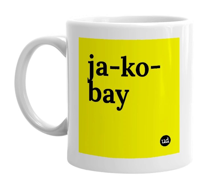 White mug with 'ja-ko-bay' in bold black letters