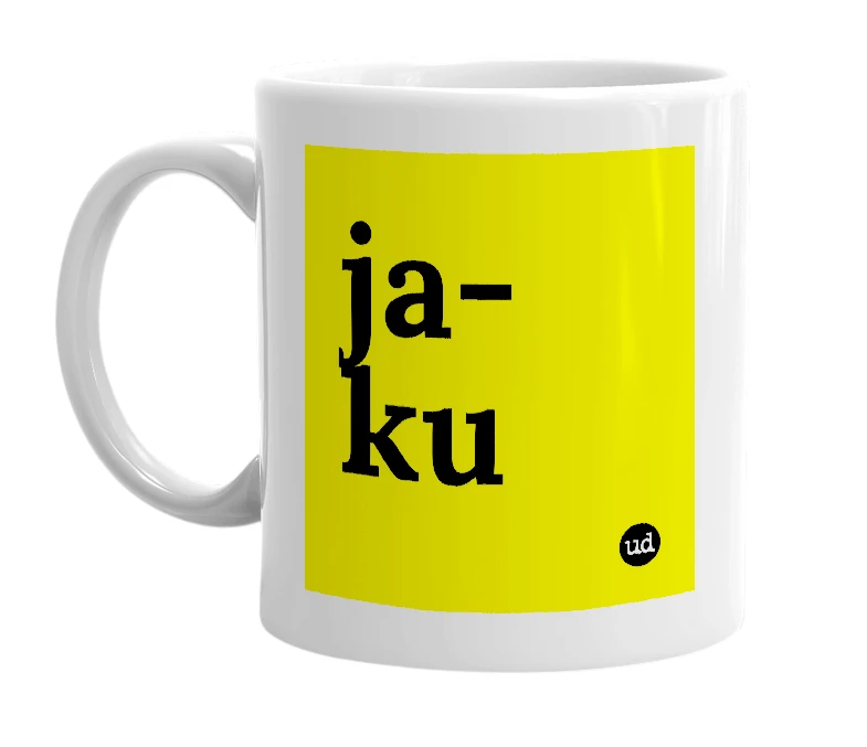 White mug with 'ja-ku' in bold black letters