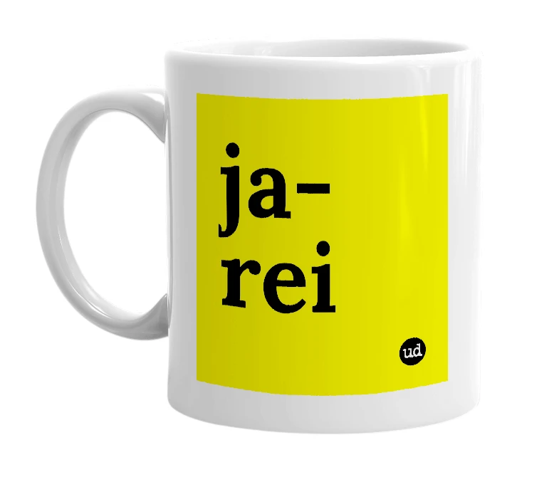 White mug with 'ja-rei' in bold black letters