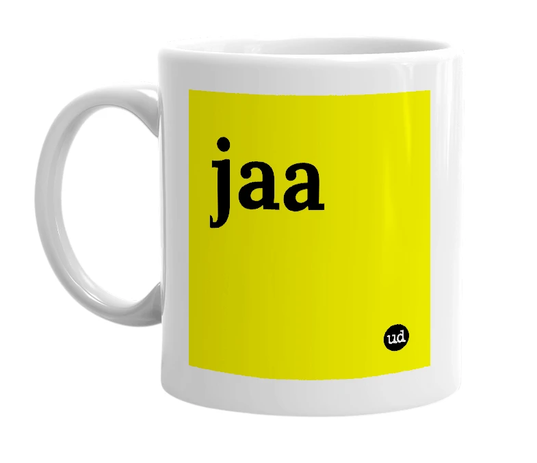 White mug with 'jaa' in bold black letters