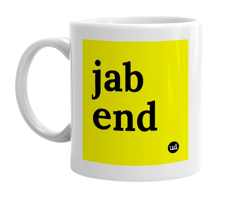 White mug with 'jab end' in bold black letters