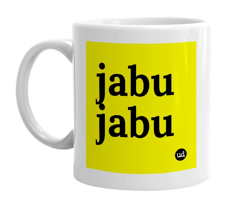 White mug with 'jabu jabu' in bold black letters