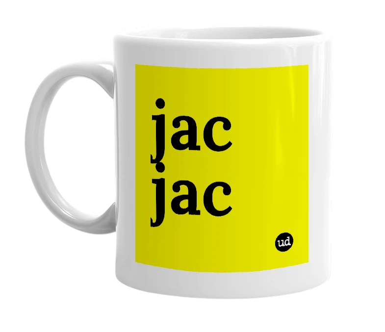 White mug with 'jac jac' in bold black letters