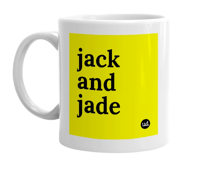 White mug with 'jack and jade' in bold black letters