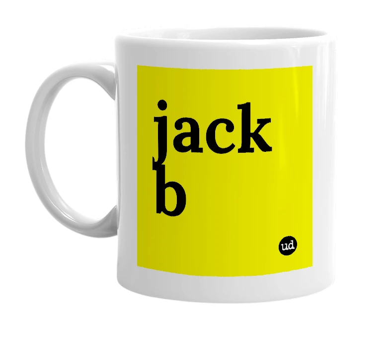 White mug with 'jack b' in bold black letters