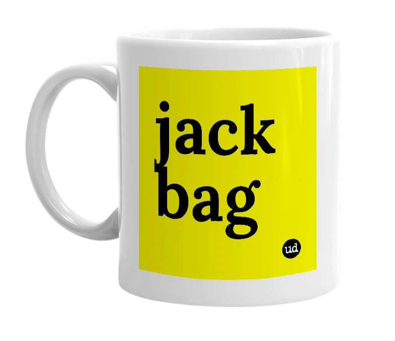 White mug with 'jack bag' in bold black letters