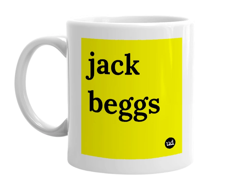 White mug with 'jack beggs' in bold black letters