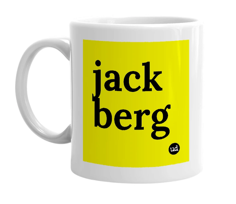 White mug with 'jack berg' in bold black letters