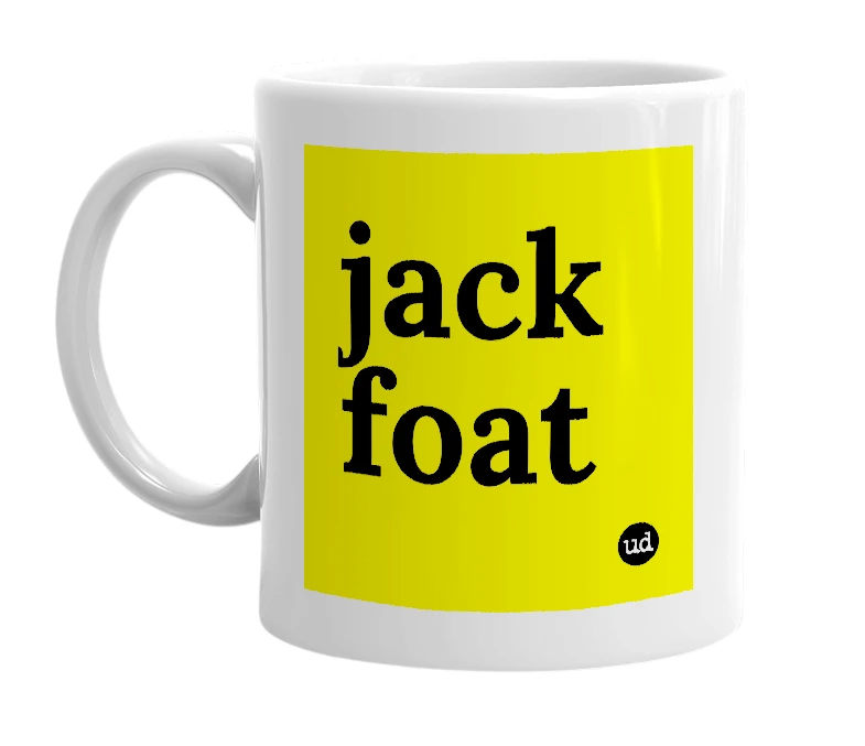 White mug with 'jack foat' in bold black letters