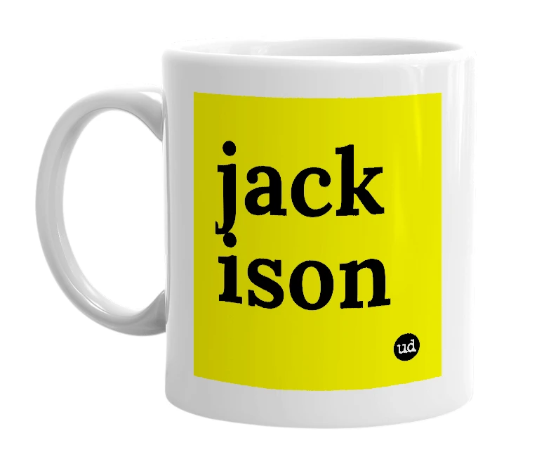 White mug with 'jack ison' in bold black letters