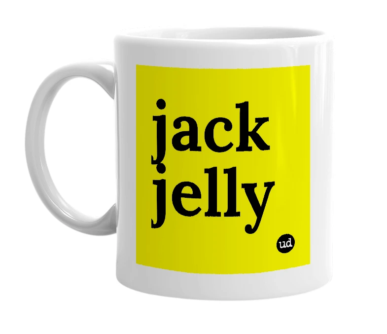 White mug with 'jack jelly' in bold black letters