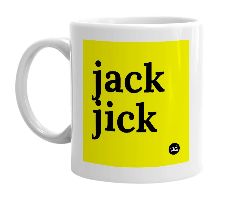 White mug with 'jack jick' in bold black letters