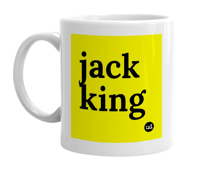 White mug with 'jack king' in bold black letters