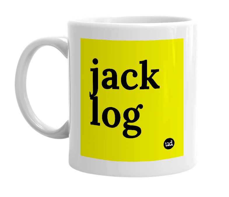 White mug with 'jack log' in bold black letters