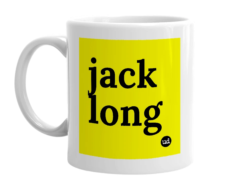 White mug with 'jack long' in bold black letters