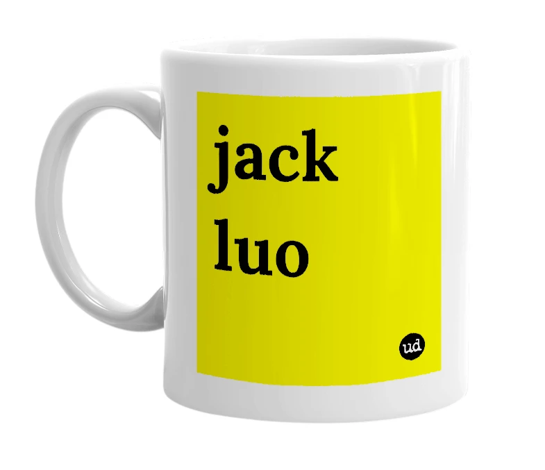 White mug with 'jack luo' in bold black letters