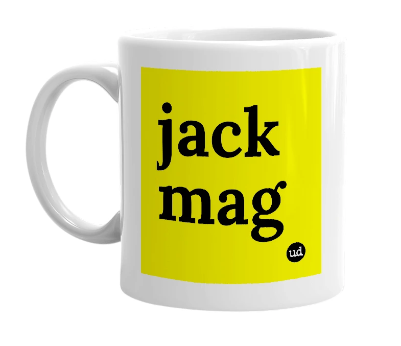 White mug with 'jack mag' in bold black letters