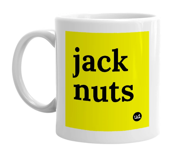 White mug with 'jack nuts' in bold black letters