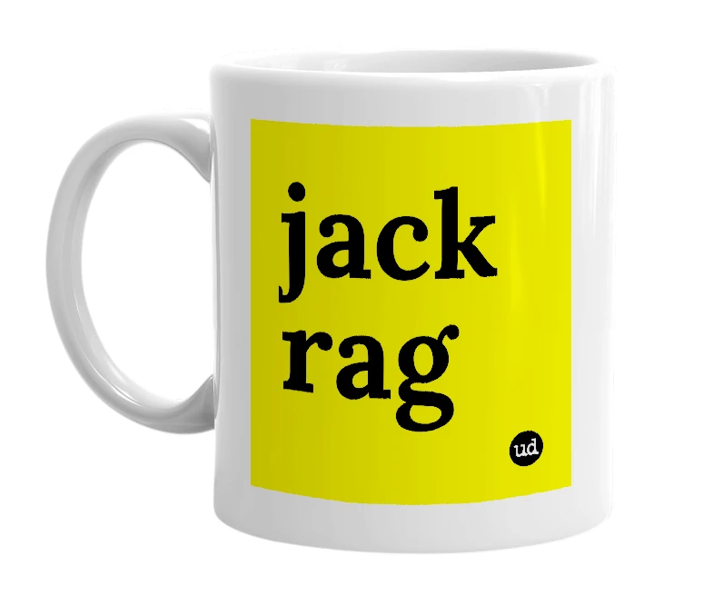 White mug with 'jack rag' in bold black letters