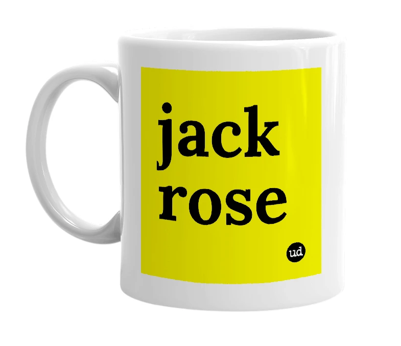 White mug with 'jack rose' in bold black letters