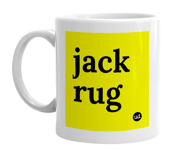 White mug with 'jack rug' in bold black letters