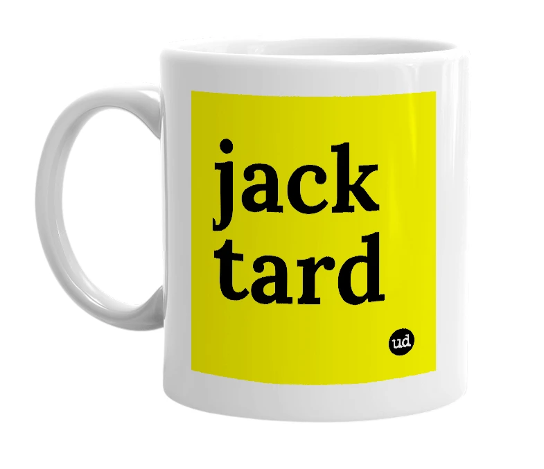 White mug with 'jack tard' in bold black letters