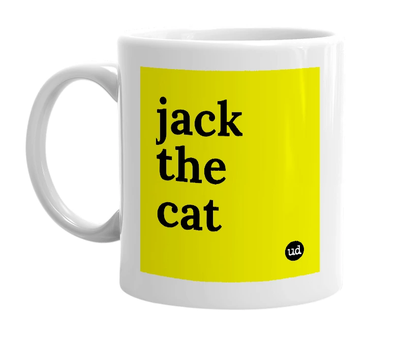 White mug with 'jack the cat' in bold black letters