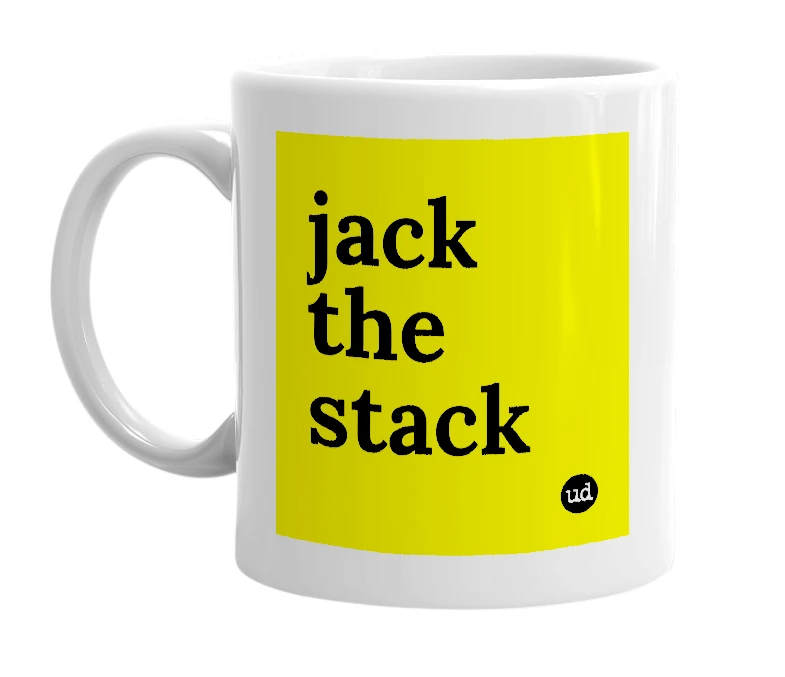 White mug with 'jack the stack' in bold black letters