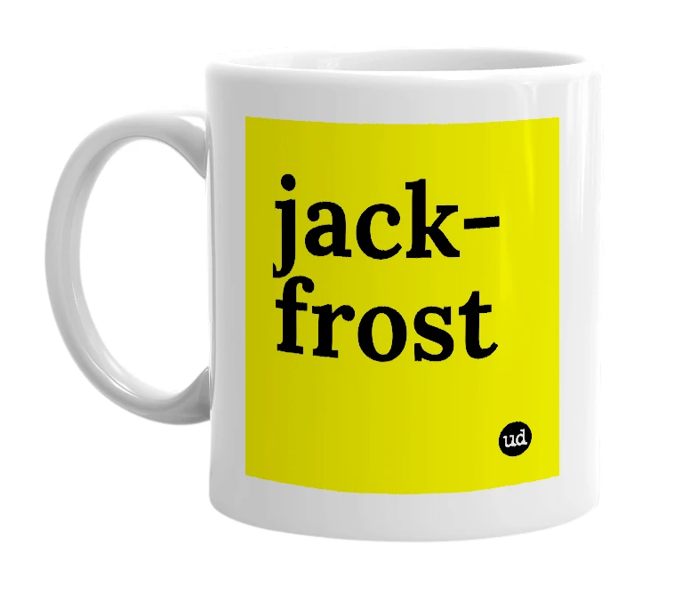 White mug with 'jack-frost' in bold black letters