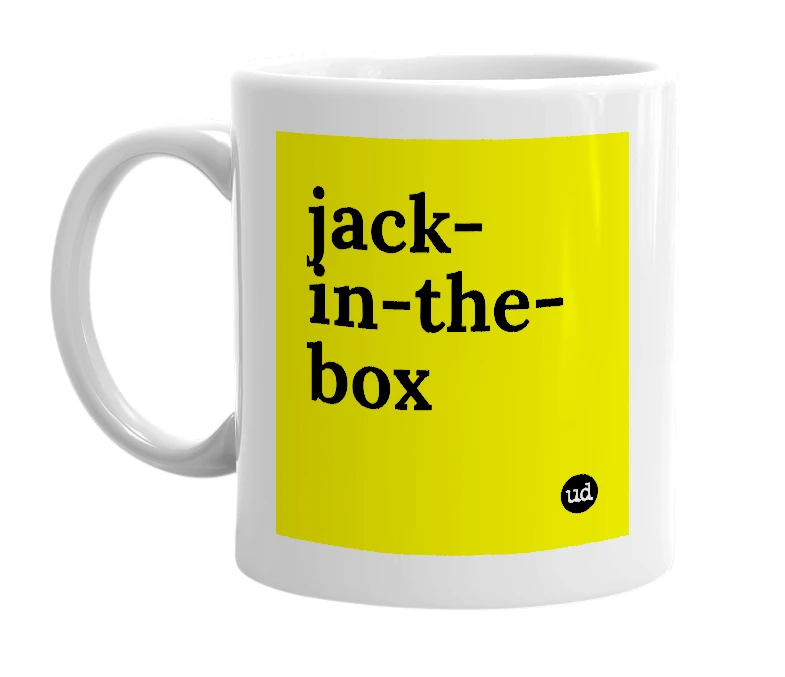 White mug with 'jack-in-the-box' in bold black letters