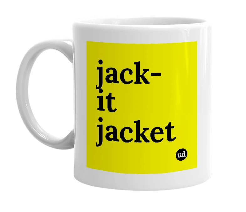 White mug with 'jack-it jacket' in bold black letters