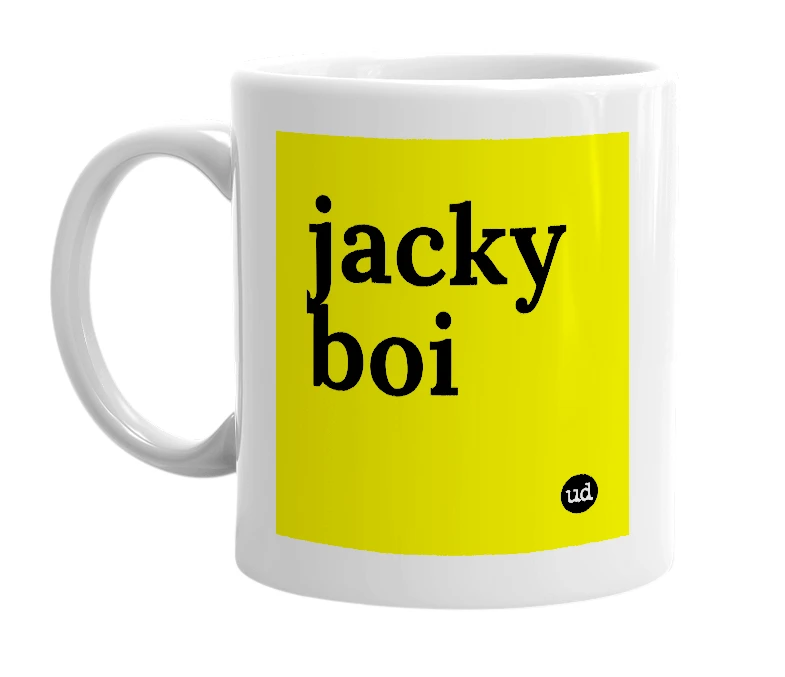 White mug with 'jacky boi' in bold black letters