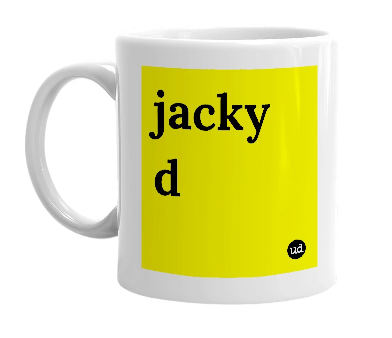 White mug with 'jacky d' in bold black letters