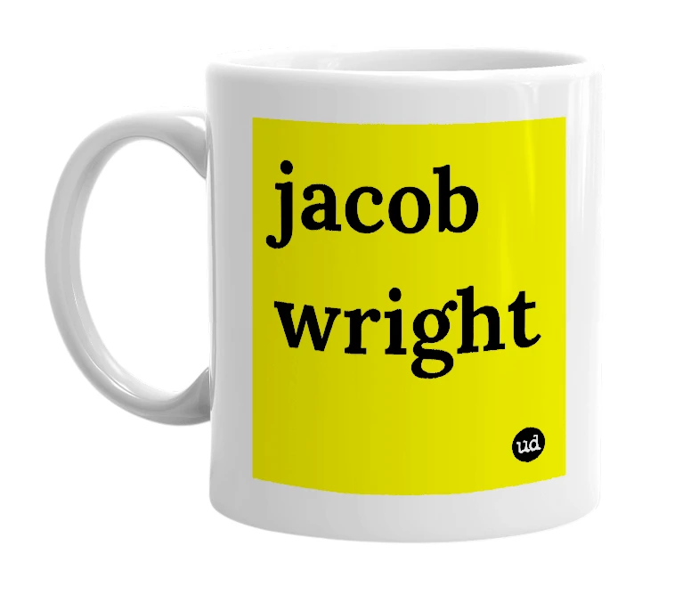 White mug with 'jacob wright' in bold black letters
