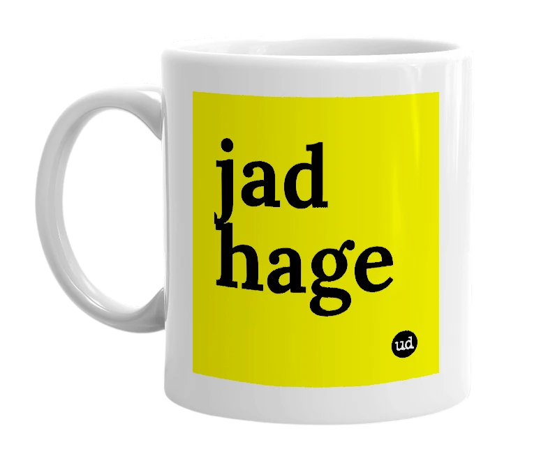 White mug with 'jad hage' in bold black letters