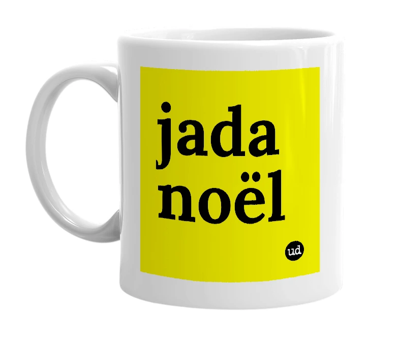 White mug with 'jada noël' in bold black letters