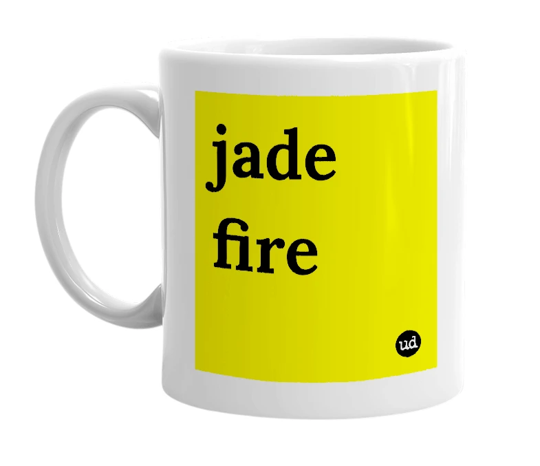 White mug with 'jade fire' in bold black letters