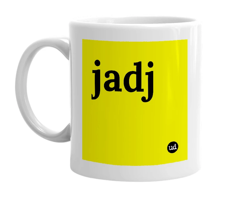 White mug with 'jadj' in bold black letters