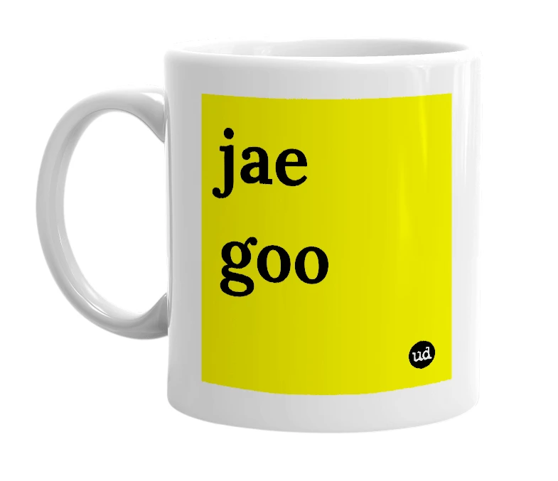 White mug with 'jae goo' in bold black letters