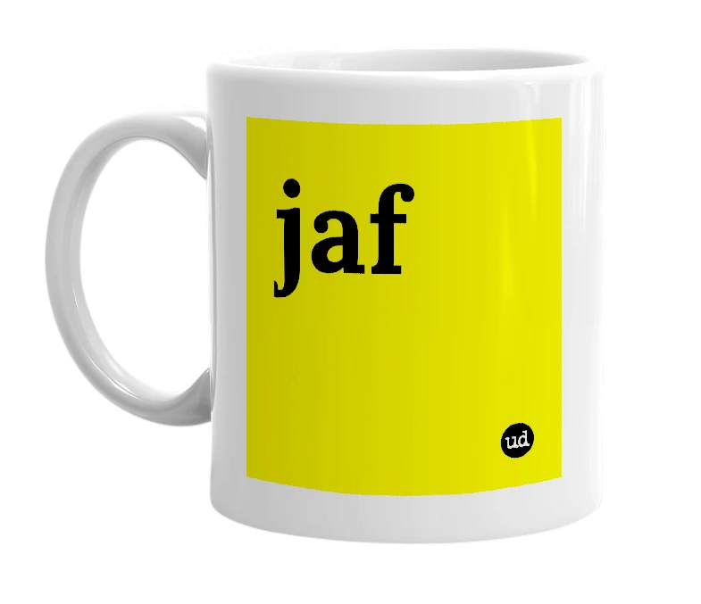 White mug with 'jaf' in bold black letters