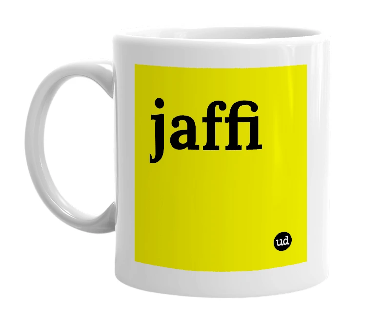 White mug with 'jaffi' in bold black letters
